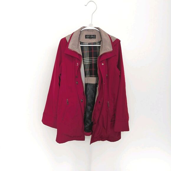 Fleet Street Size PL Red And Tan Short Trench Rain Jacket With Detachable Hood - Picture 1 of 10
